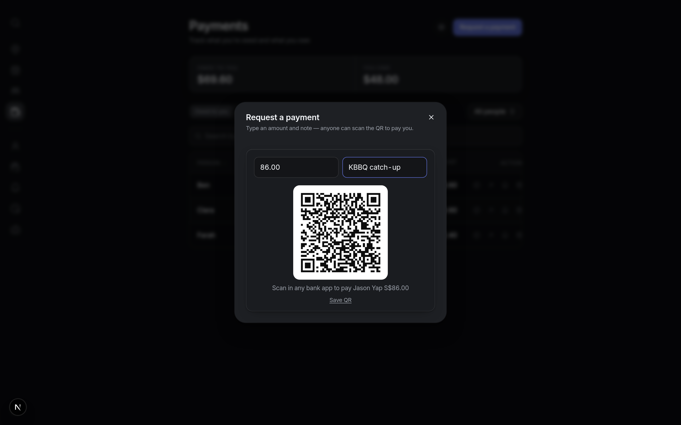 The Request-a-payment sheet: amount, note and a generated PayNow QR code