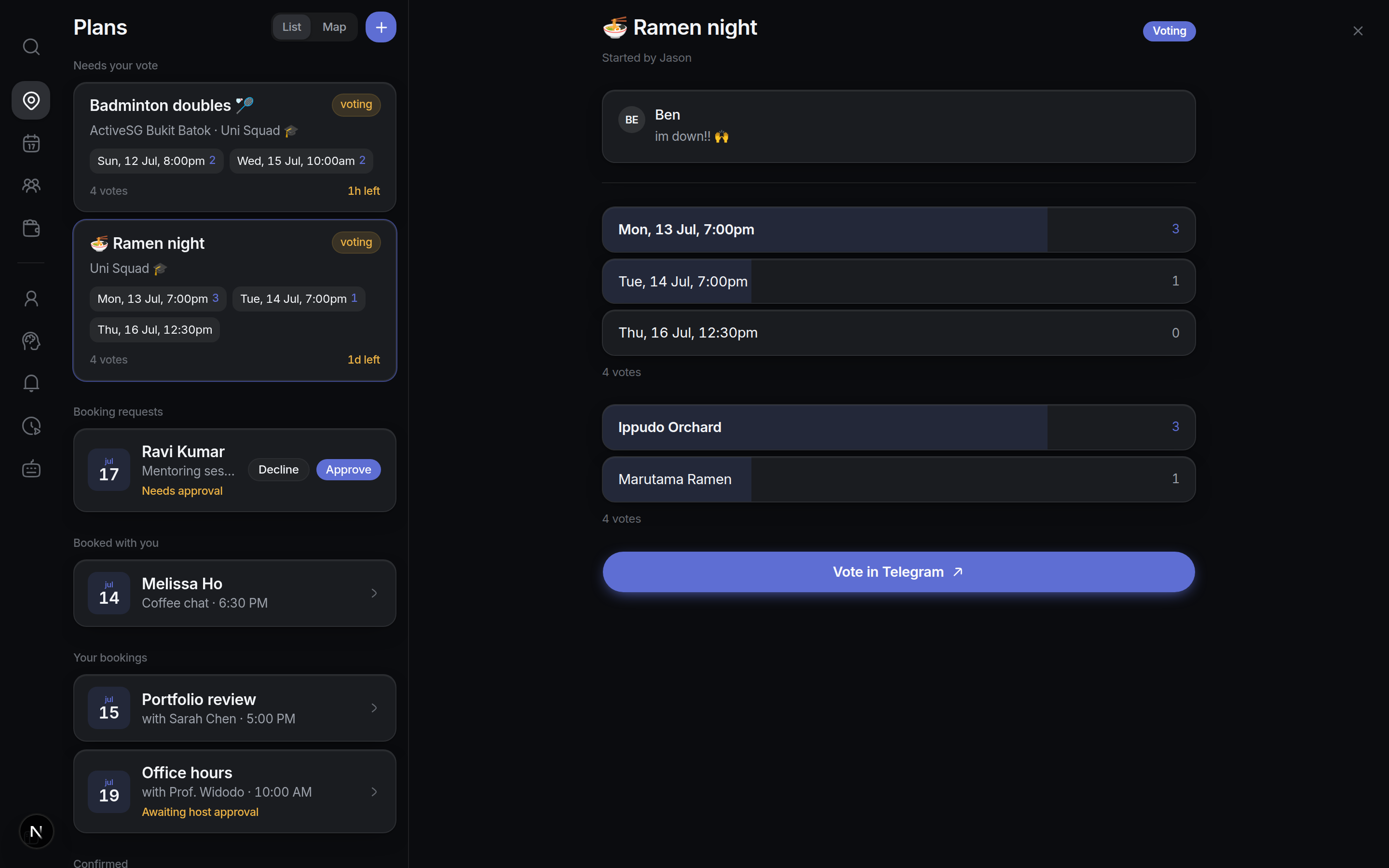 A plan open in the app: the date poll with live vote counts and the venue options