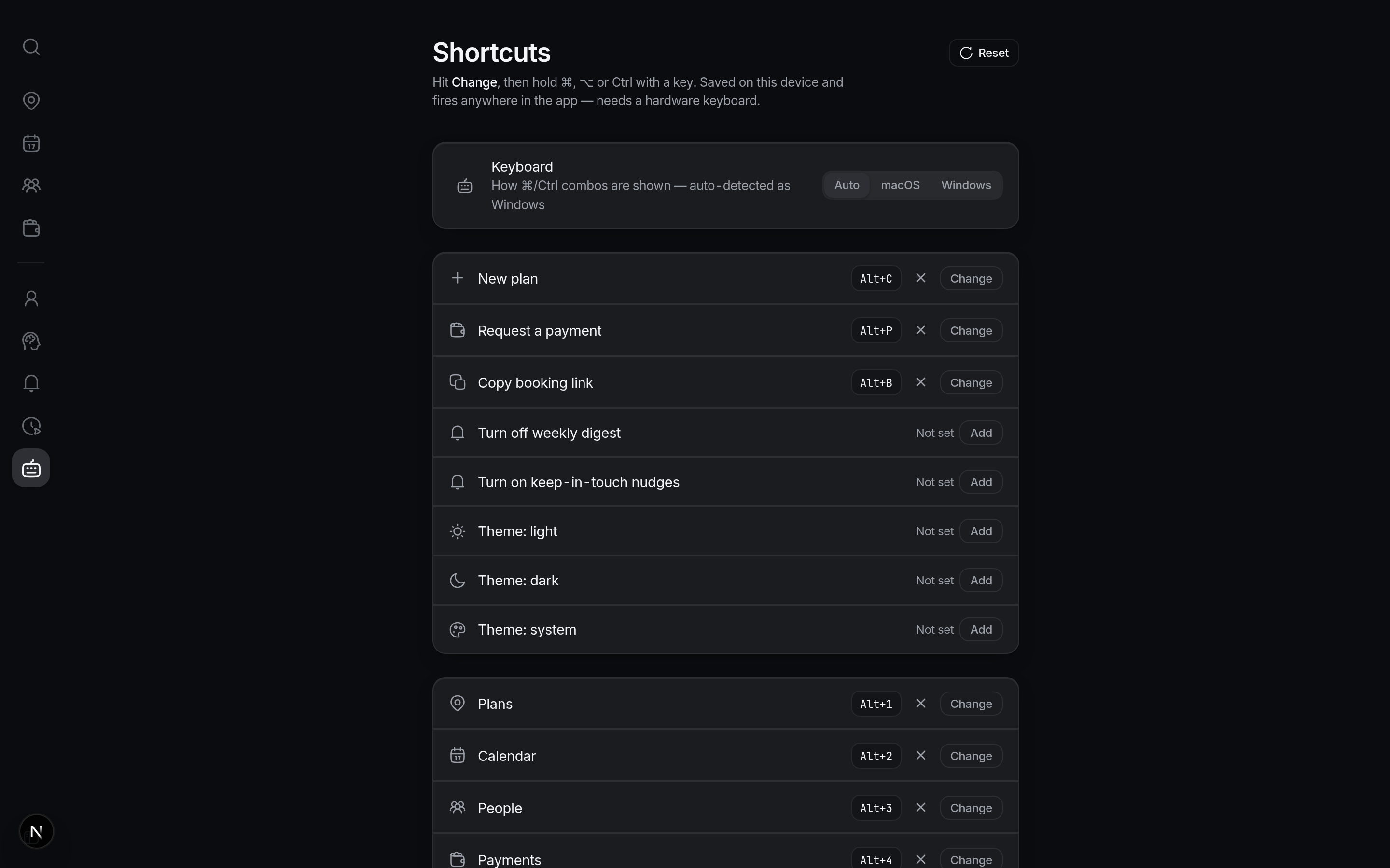 The Shortcuts page: every common action bound to its own key combo