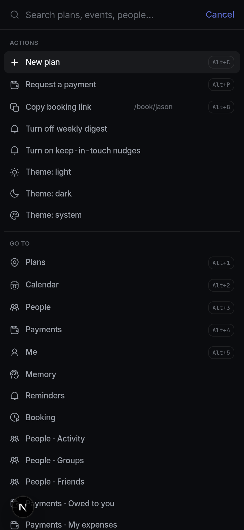 The Shortcuts page: every common action bound to its own key combo