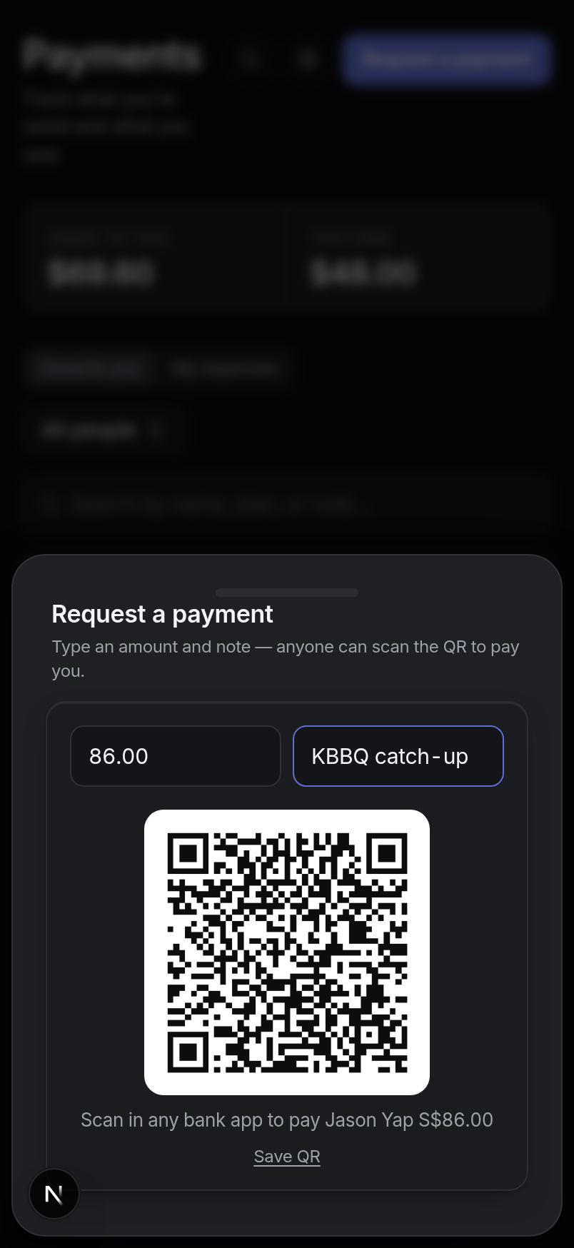 The Request-a-payment sheet: amount, note and a generated PayNow QR code