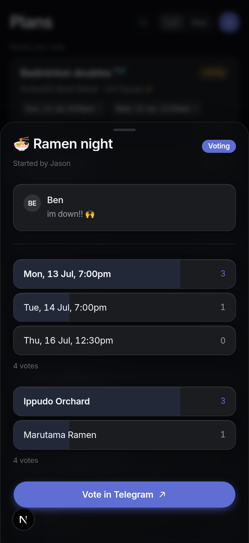 A plan open in the app: the date poll with live vote counts and the venue options