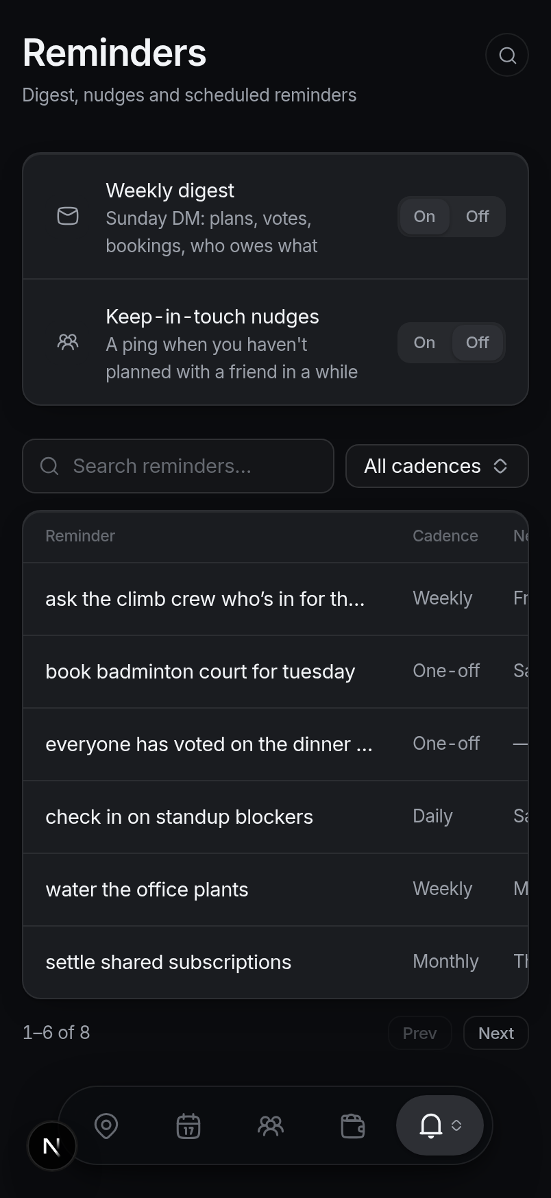 The Reminders view: digest and nudge subscriptions above the reminders table